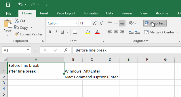 quick code for next line in excel cell mac